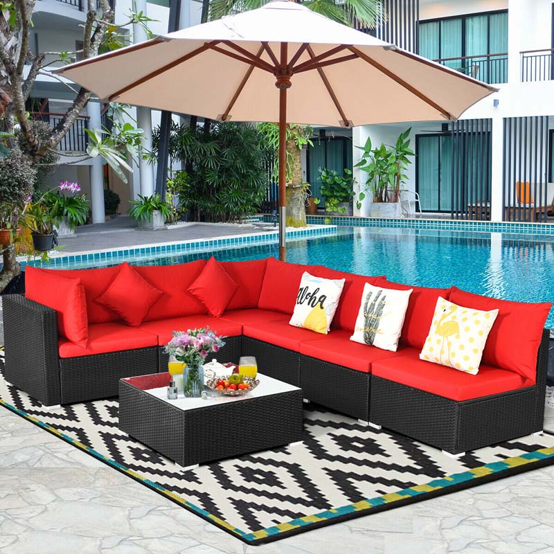 Rattan-Sitzgruppe 7-tlg., Terrassen-Sofa mit Kissen, Gartenmöbel