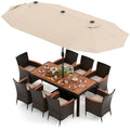 10-teiliges Rattan-Gartenmöbel Set mit Doppelsonnenschirm