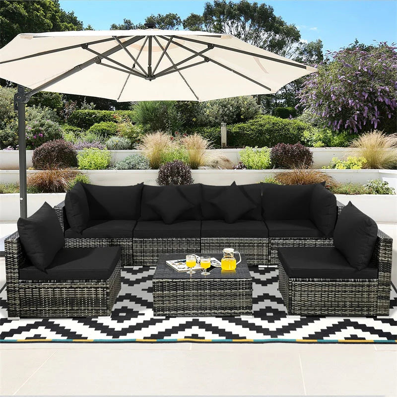 Rattan-Sofa-Set 7-tlg. für Terrasse, inklusive Couchtisch und Kissen