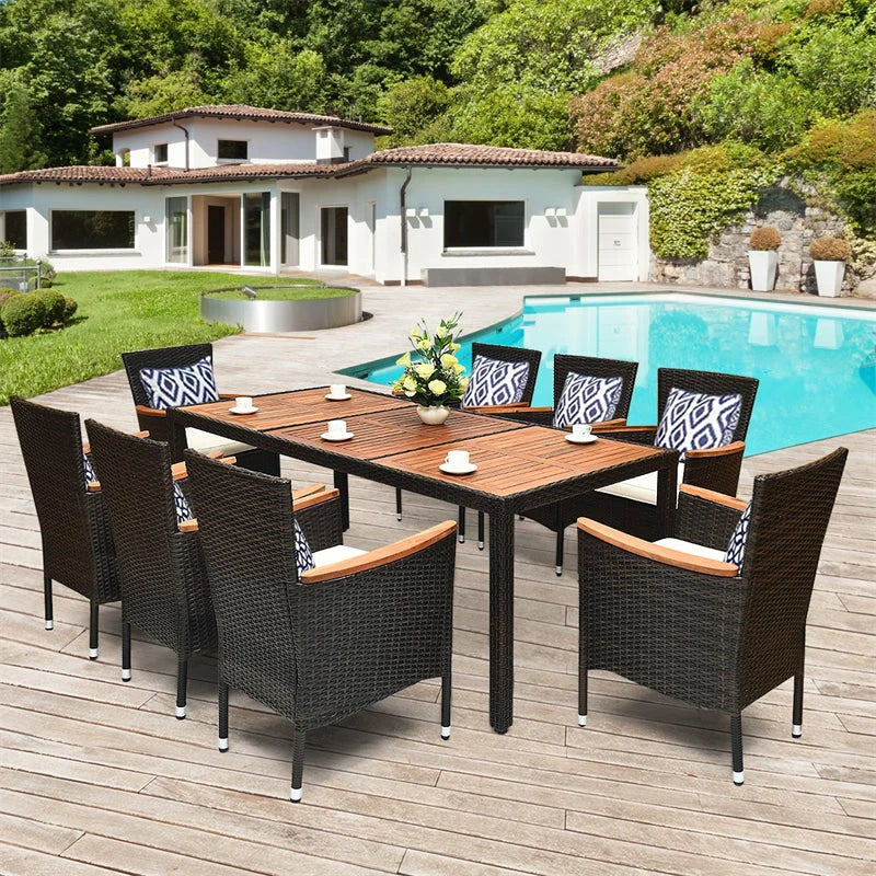 Rattan-Essgruppe 9-tlg. für Terrasse, Akazienholz-Tisch, stapelbar
