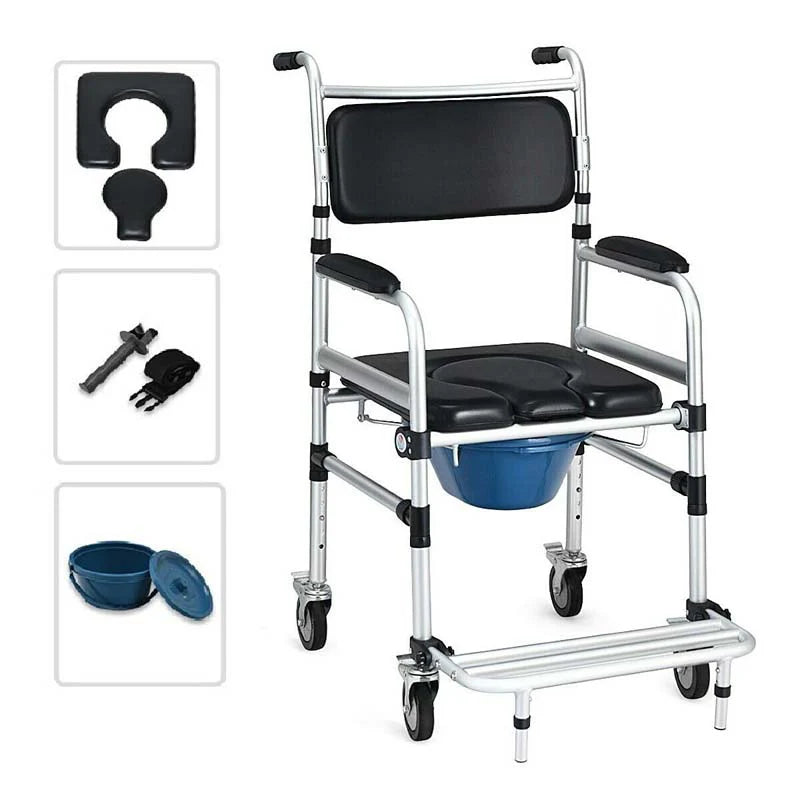 2-in-1 Faltbarer Duschrollstuhl und Toilettenstuhl aus Aluminium